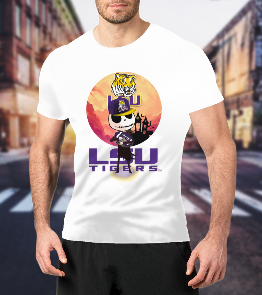 Lsu Tigers Halloween Skeleton In Hat With Tiger And Haunted House T-Shirt