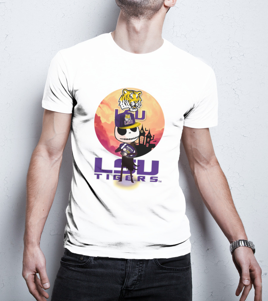 Lsu Tigers Halloween Skeleton In Hat With Tiger And Haunted House T-Shirt