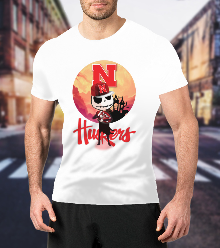 Nebraska Huskers Skeleton Character Halloween Football Scene T-Shirt