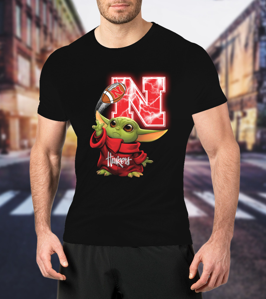 Huskers Baby Yoda Football Nebraska N T-Shirt