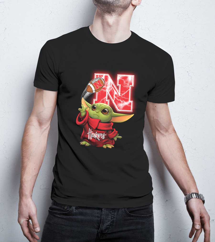 Huskers Baby Yoda Football Nebraska N T-Shirt