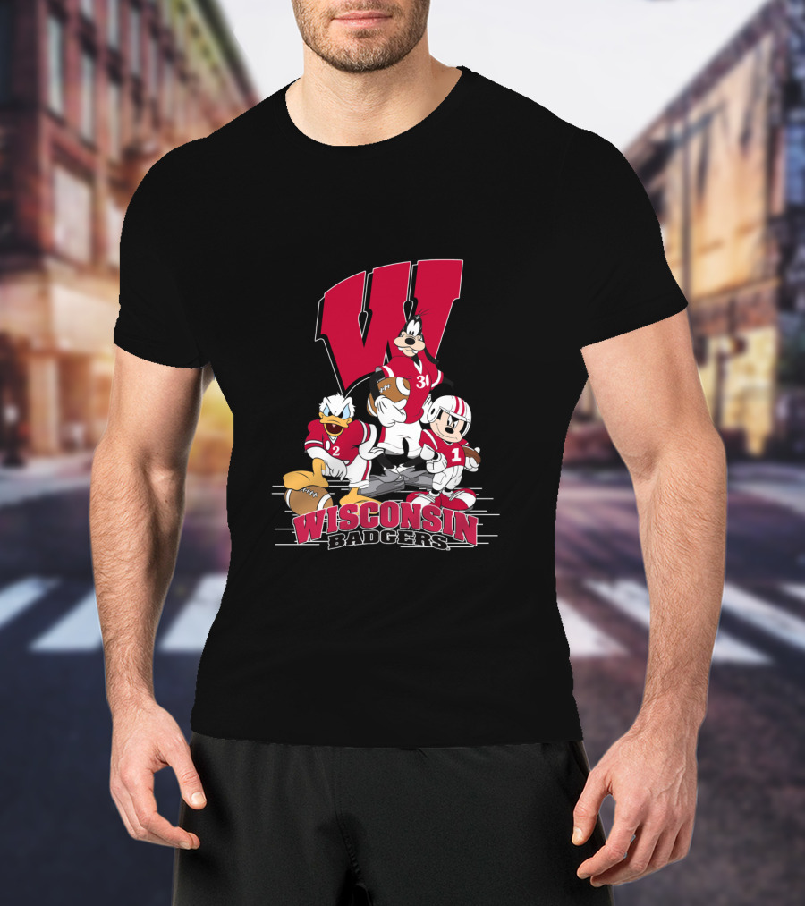 Wisconsin Badgers Donald Duck Goofy Mickey Mouse Football T-Shirt