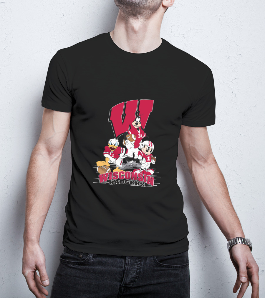 Wisconsin Badgers Donald Duck Goofy Mickey Mouse Football T-Shirt