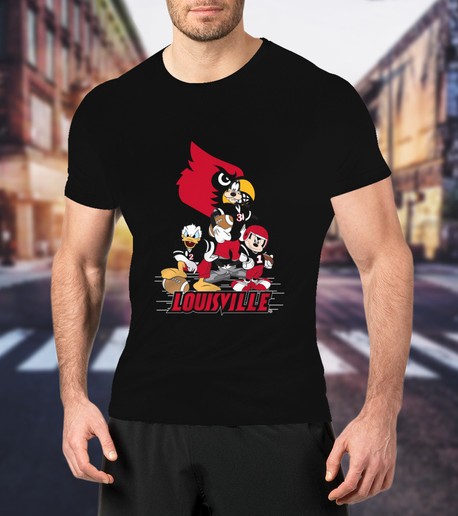 Louisville Cardinals Disney Characters Mickey Donald Goofy Football T-Shirt