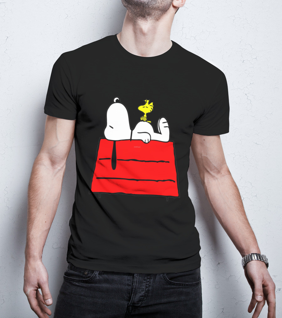 Snoopy Sleeping On Red Doghouse With Woodstock T-Shirt