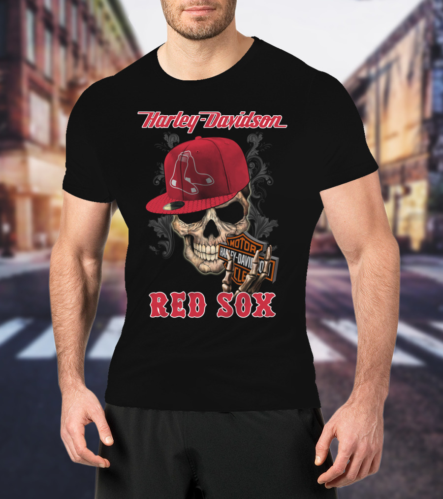 Harley Davidson Skull With Boston Red Sox Hat T-Shirt