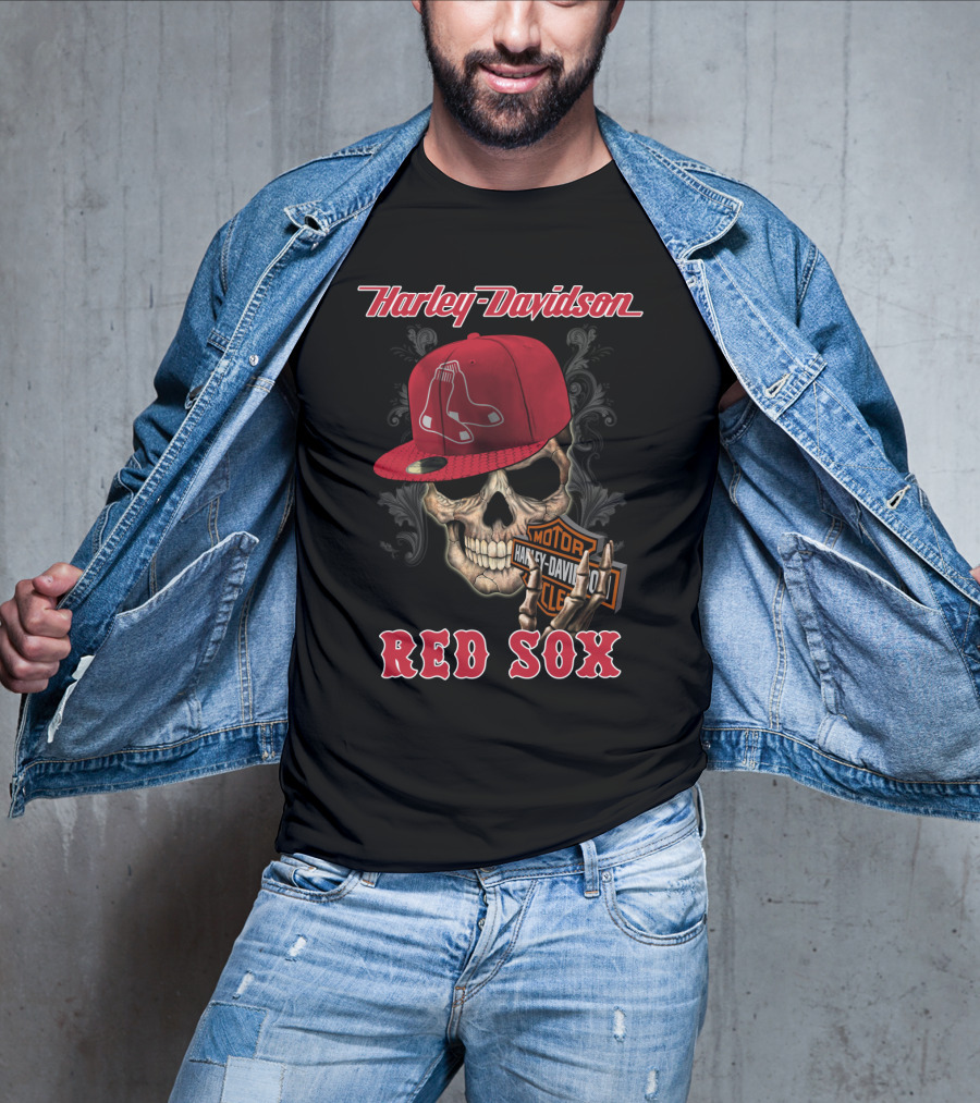 Harley Davidson Skull With Boston Red Sox Hat T-Shirt