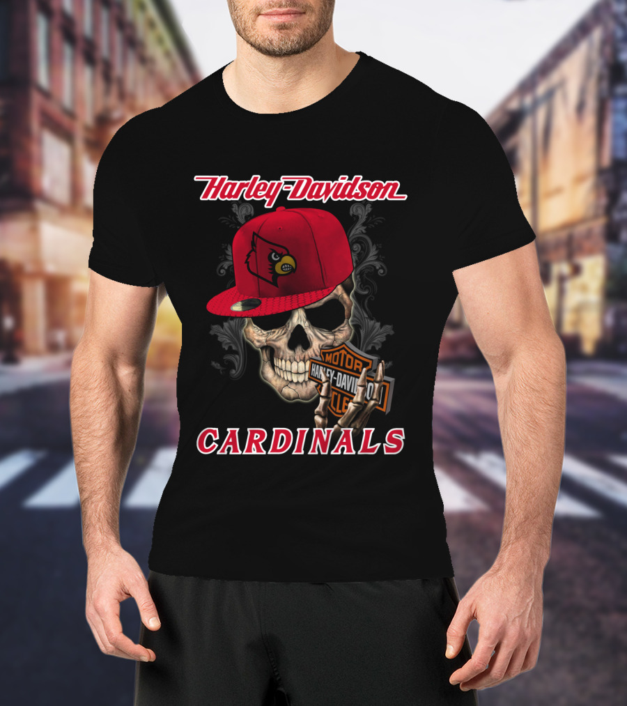 Harley Davidson Skull With Louisville Cardinals Hat T-Shirt