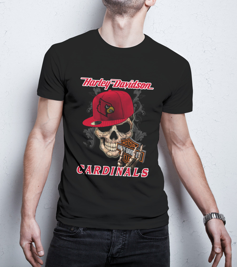 Harley Davidson Skull With Louisville Cardinals Hat T-Shirt