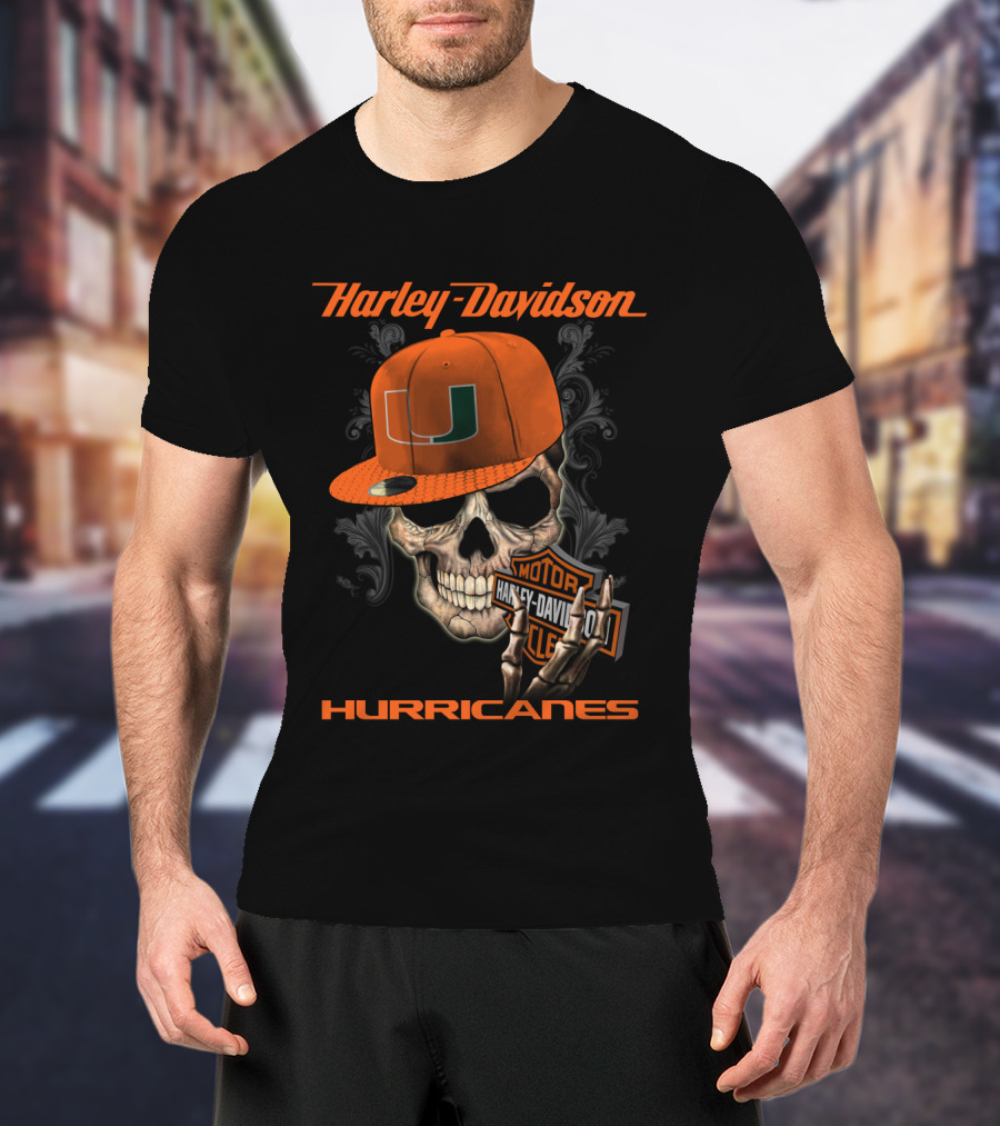 Harley Davidson Miami Hurricanes Skull With Cap T-Shirt