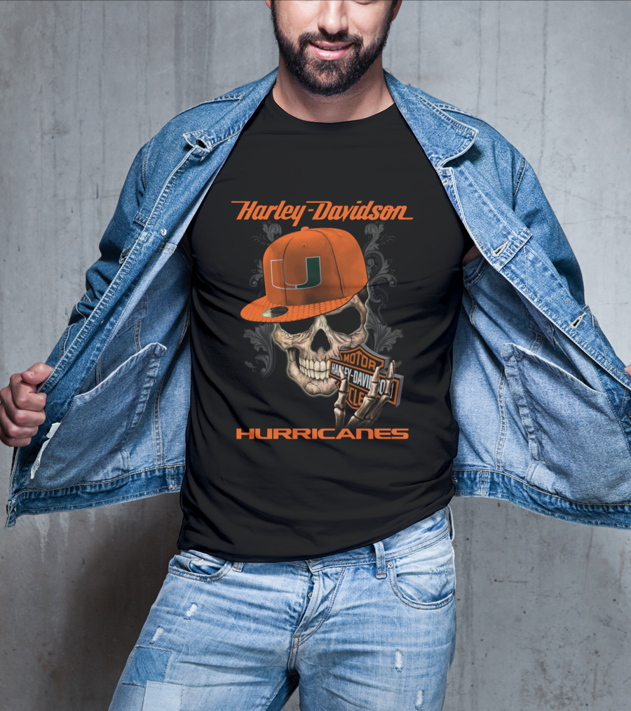 Harley Davidson Miami Hurricanes Skull With Cap T-Shirt