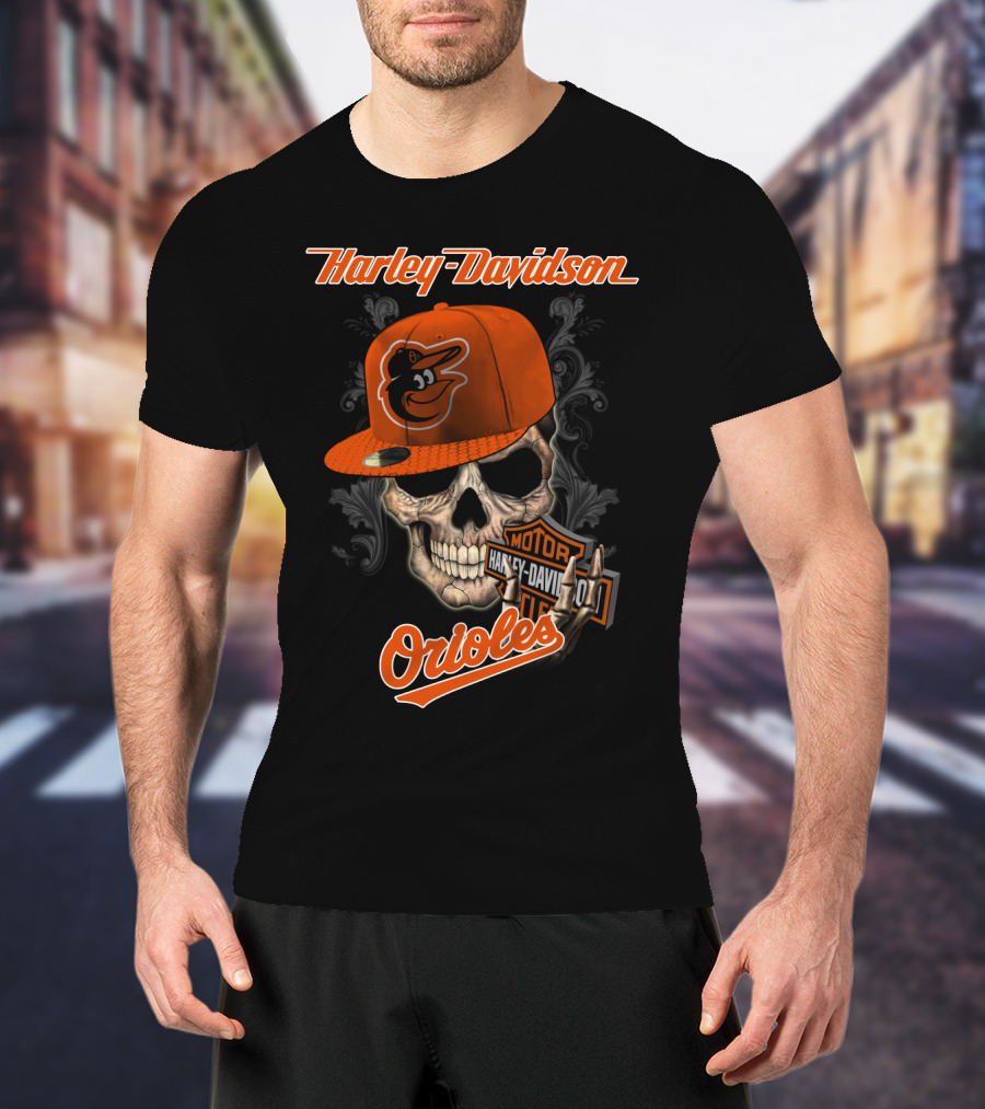 Harley Davidson Skull Wearing Baltimore Orioles Cap With Motor Badge T-Shirt