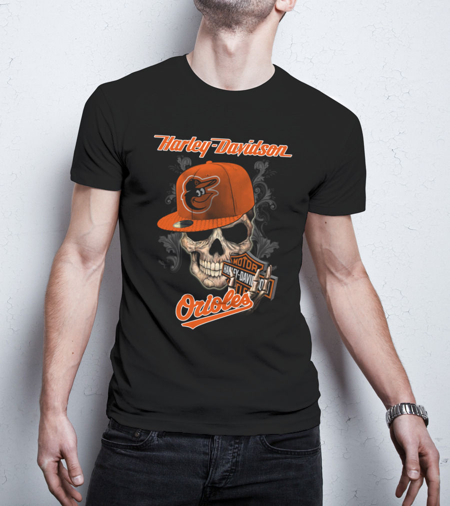 Harley Davidson Skull Wearing Baltimore Orioles Cap With Motor Badge T-Shirt