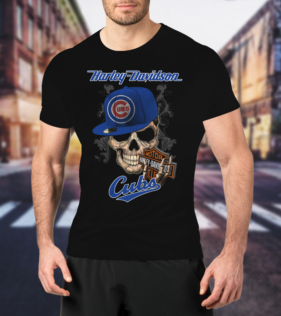 Harley Davidson Skull With Chicago Cubs Hat T-Shirt