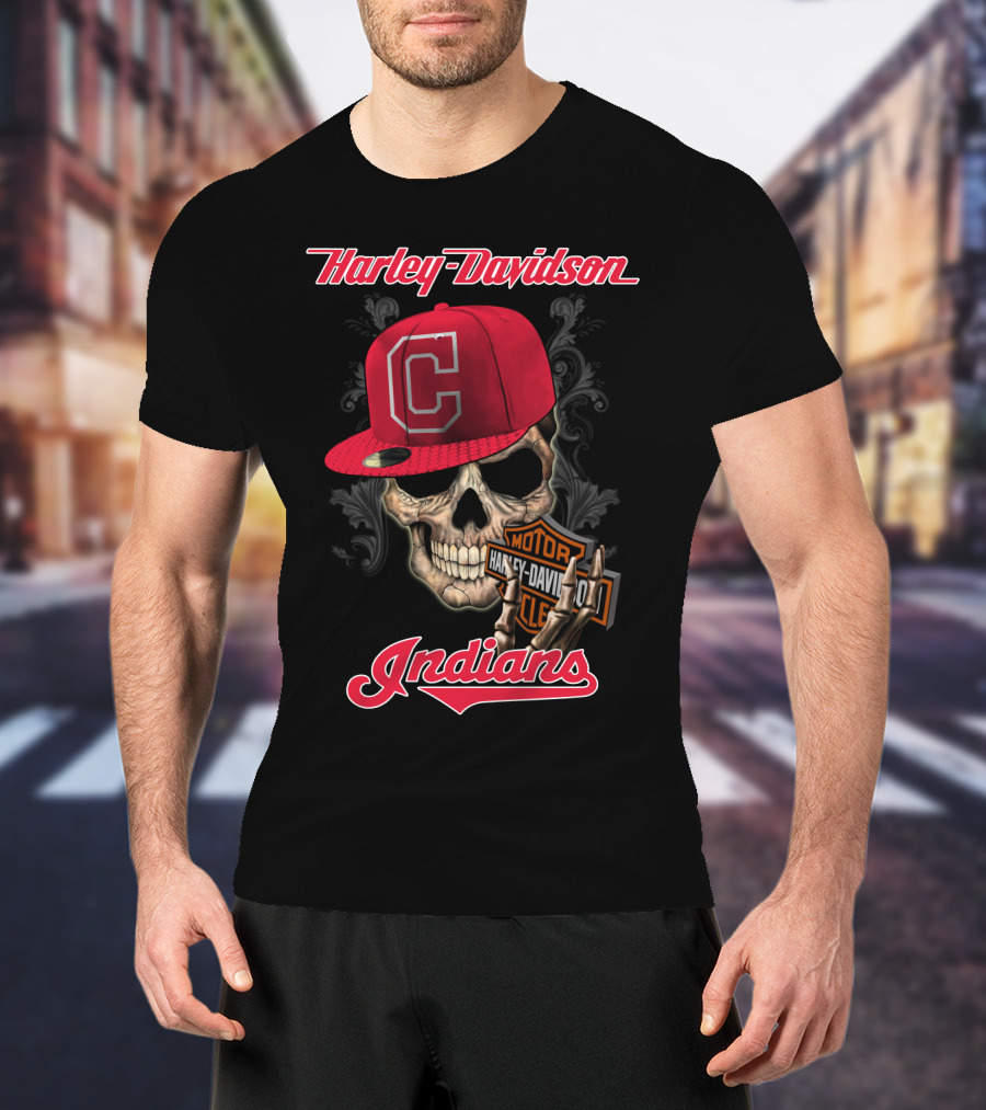 Harley Davidson Skull With Cleveland Indians Cap T-Shirt