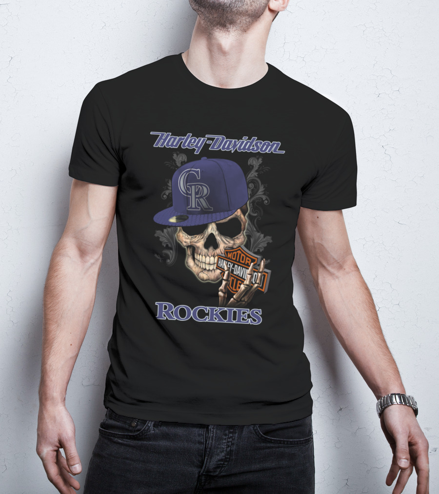 Harley Davidson Rockies Skull With Colorado Rockies Cap T-Shirt
