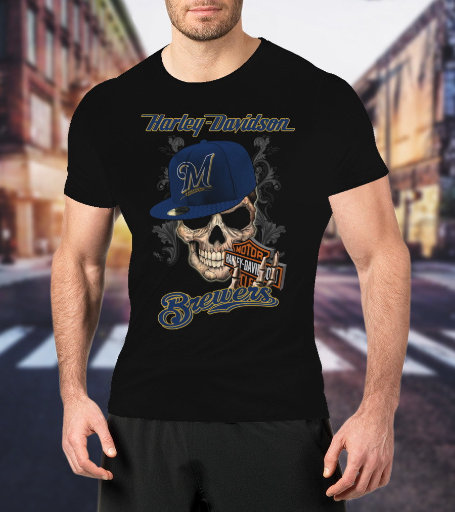Harley Davidson Milwaukee Brewers Skull With Hat T-Shirt