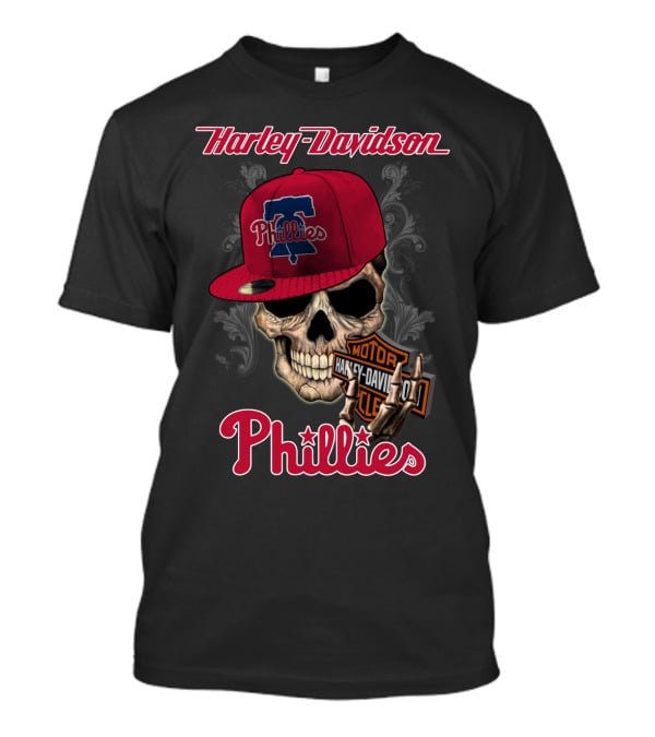 Harley Davidson Skull With Philadelphia Phillies Cap T-Shirt
