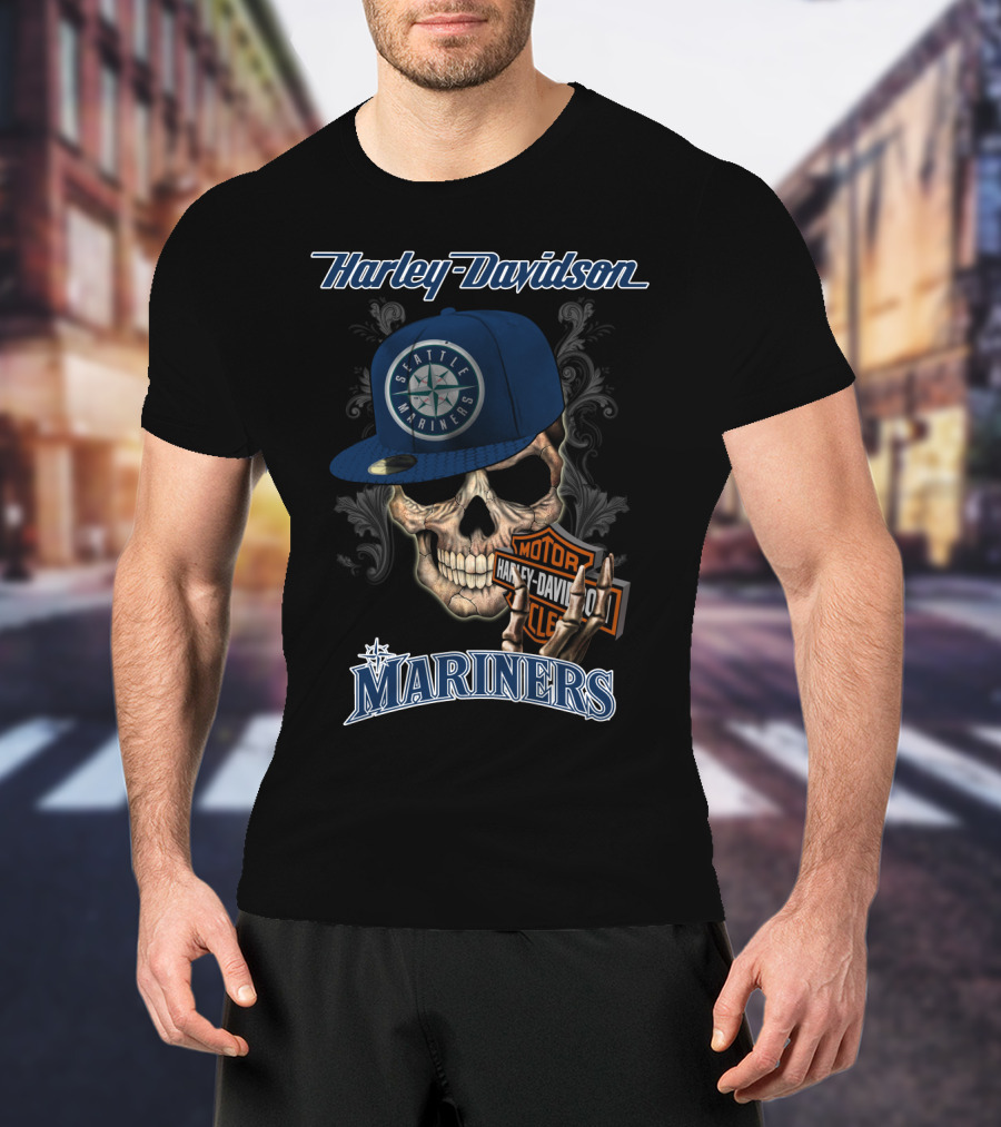 Harley Davidson Skull With Seattle Mariners Cap T-Shirt