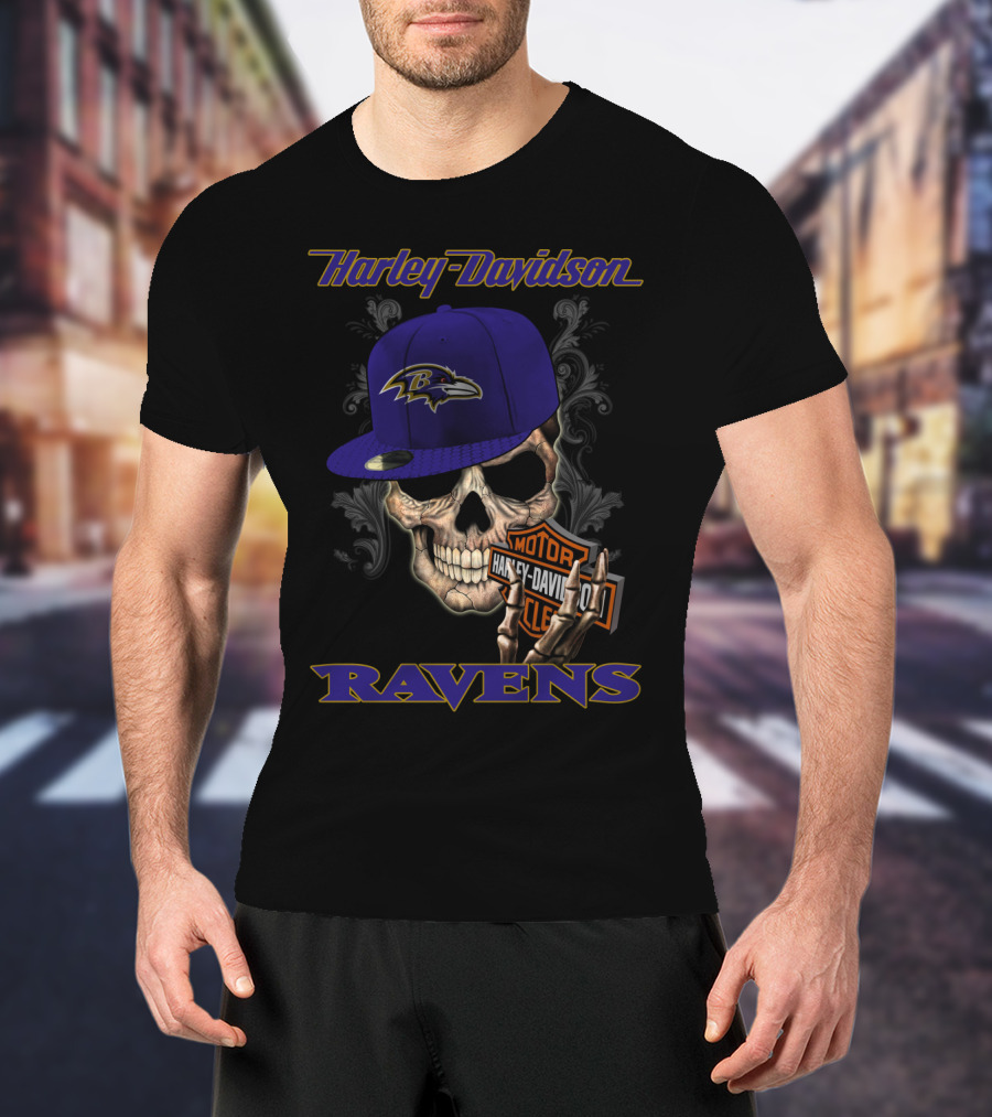 Harley Davidson Motor Skull Baltimore Ravens Hat T-Shirt