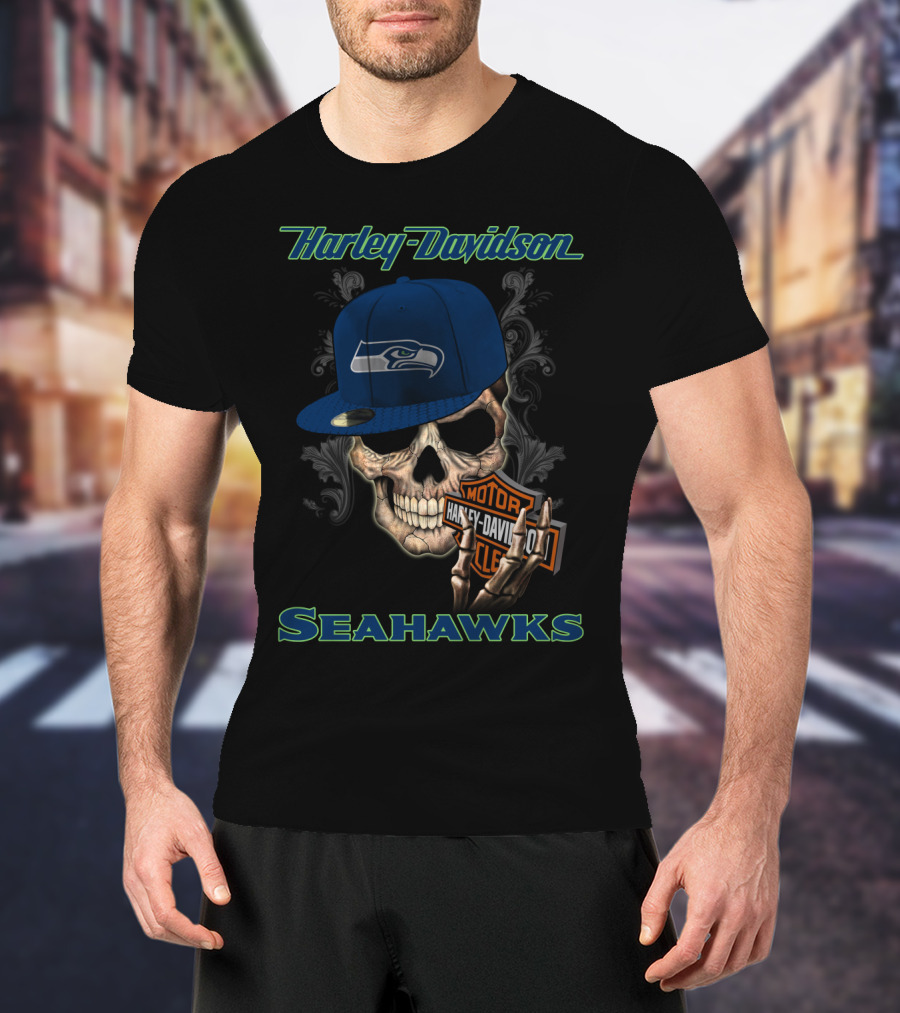 Harley Davidson Seattle Seahawks Skull With Seahawks Cap T-Shirt