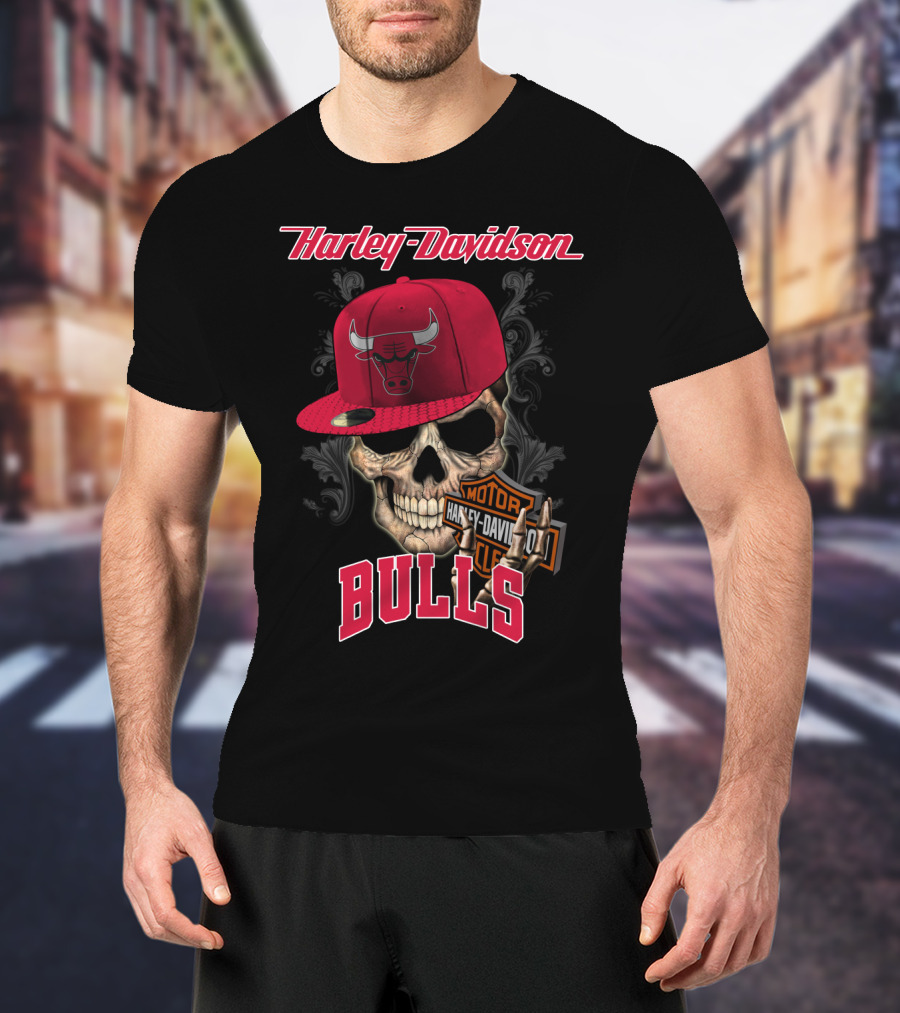 Harley Davidson Skull Chicago Bulls Cap With Motorcycle T-Shirt