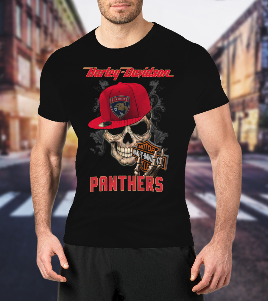 Harley Davidson Skull Florida Panthers Logo With Cap And Motorcycle Badge T-Shirt