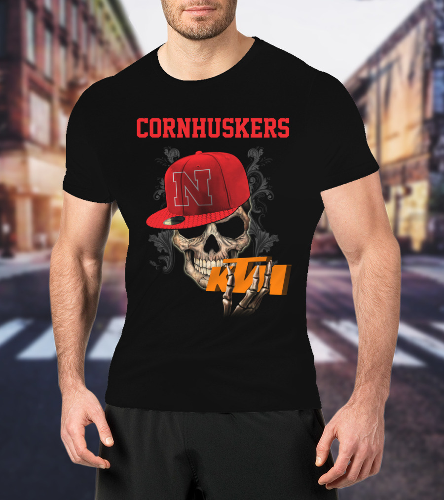 Ktm Nebraska Cornhuskers Skull With Red N Cap T-Shirt