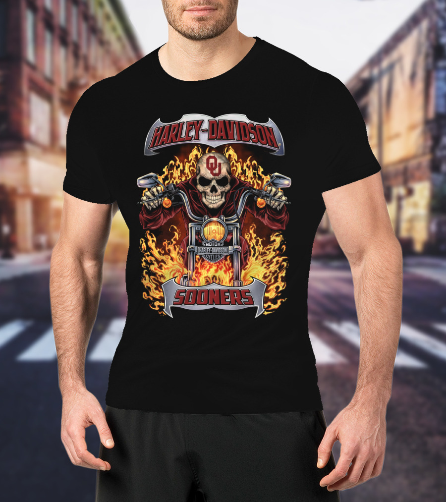 Harley Davidson Sooners Ou Skull Motorcycle Flames T-Shirt