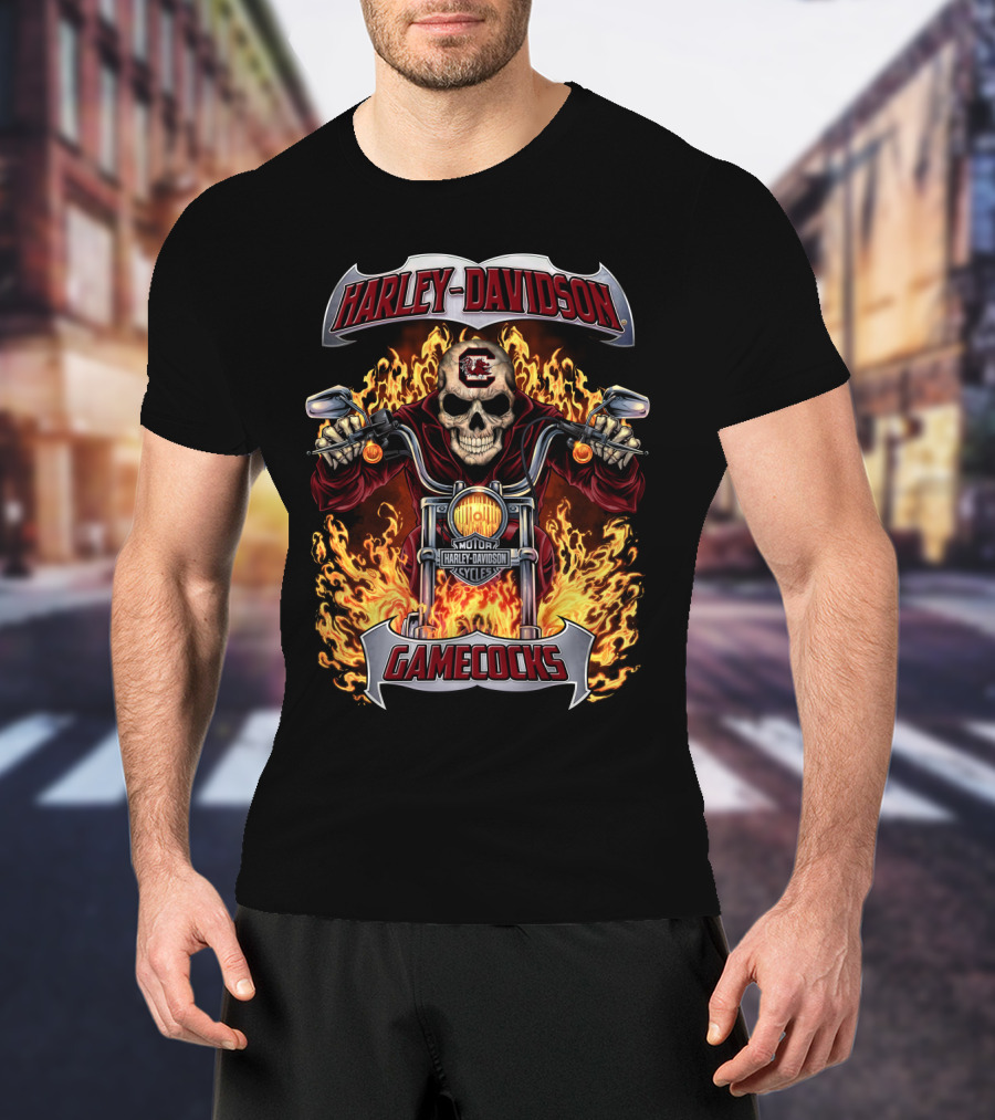 Harley Davidson South Carolina Gamecocks Flaming Skull Motorcycle T-Shirt