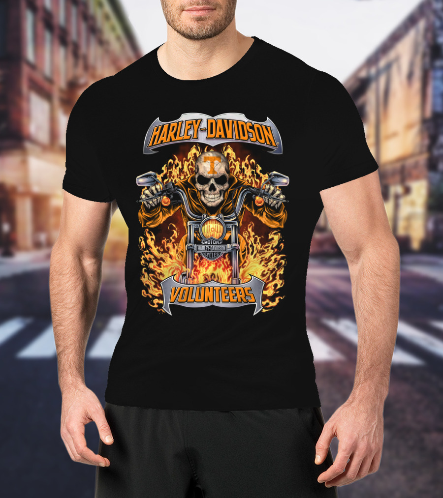 Harley Davidson Tennessee Volunteers Skull Motorcycle Flames T-Shirt