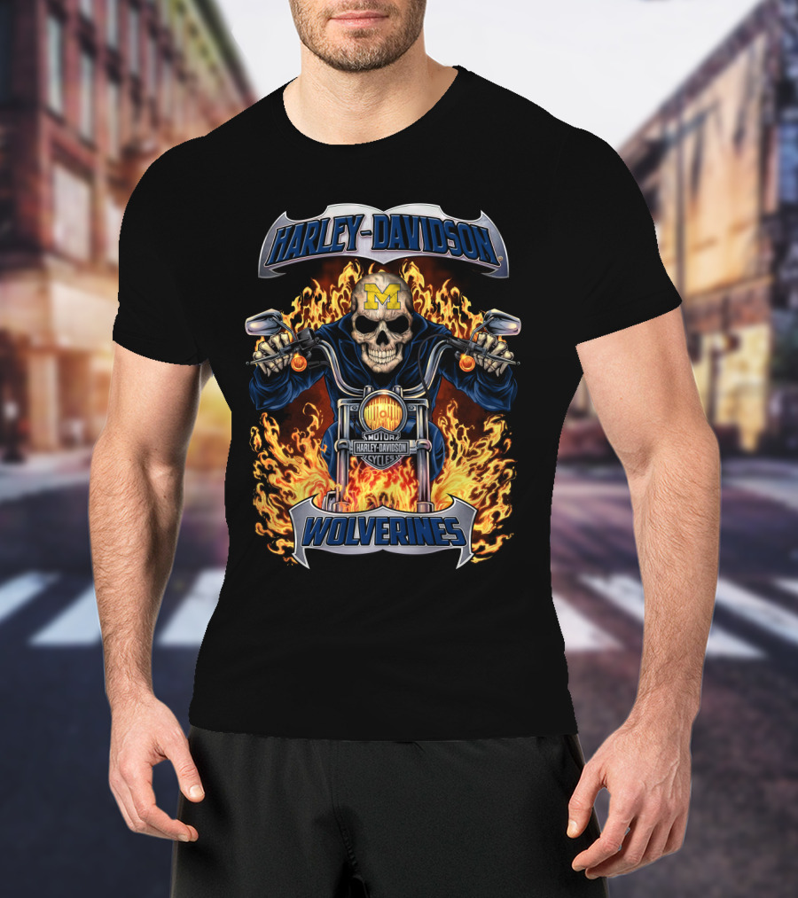 Harley Davidson Michigan Wolverines Skull Flames Motorcycles T-Shirt