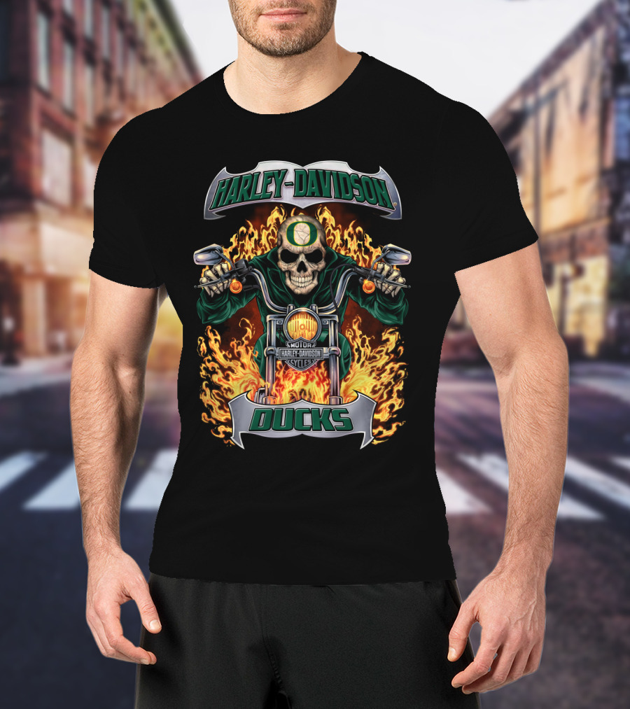 Harley Davidson Oregon Ducks Skeleton Motorcycle Fire T-Shirt