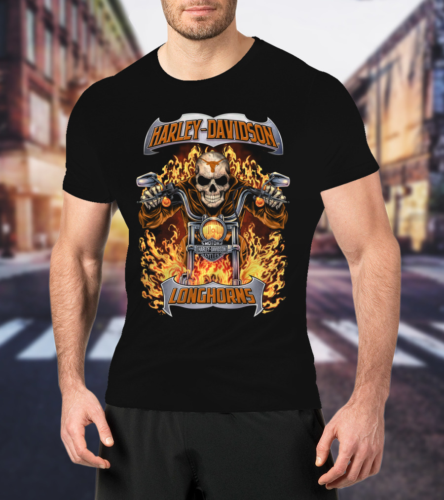 Harley Davidson Longhorns Flame Skull Motorcycle Art T-Shirt
