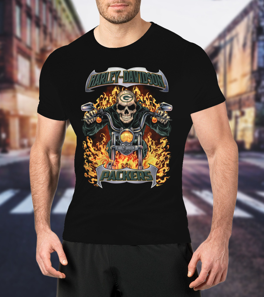 Harley Davidson Packers Skull Motorcycle Flames Green Bay T-Shirt