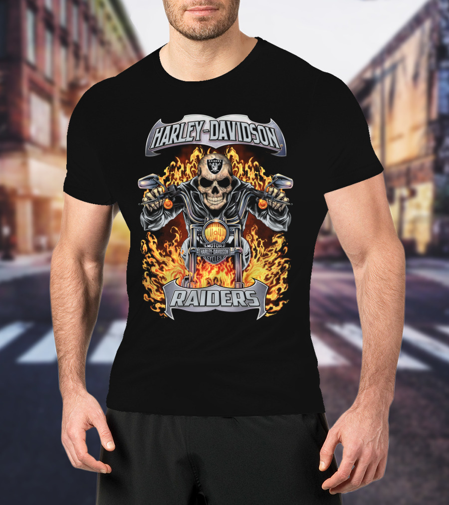 Harley Davidson Raiders Motorcycle Skull Flames T-Shirt