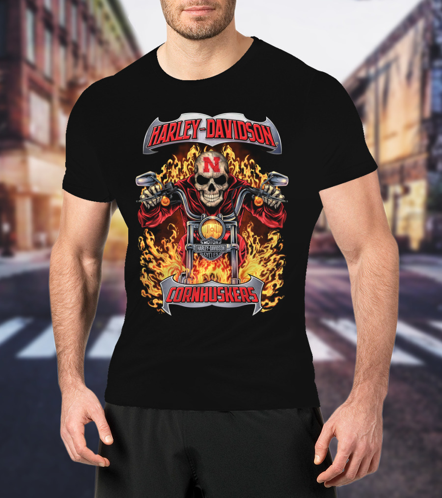 Harley Davidson Nebraska Cornhuskers Skull With Flames Motorcycle T-Shirt