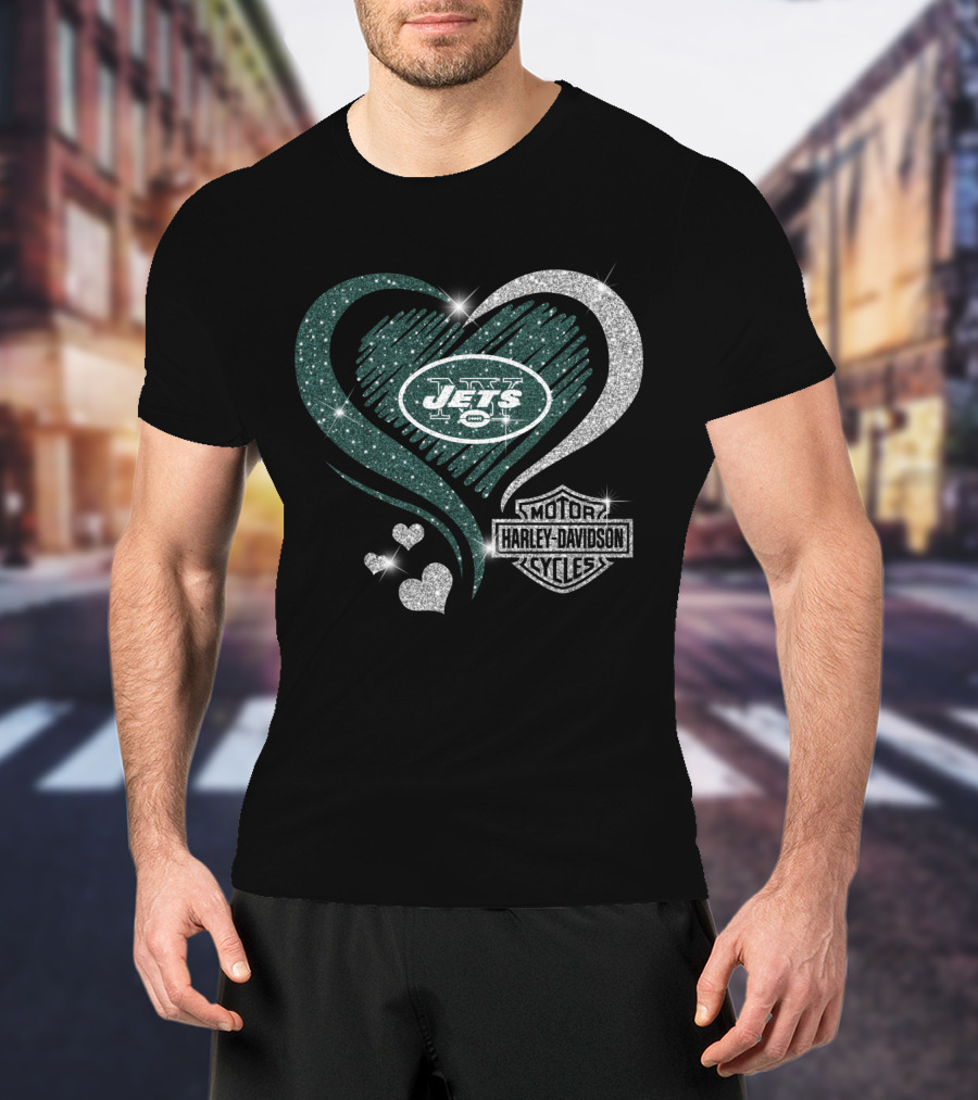 New York Jets Heart Harley Davidson Motor Cycles T-Shirt