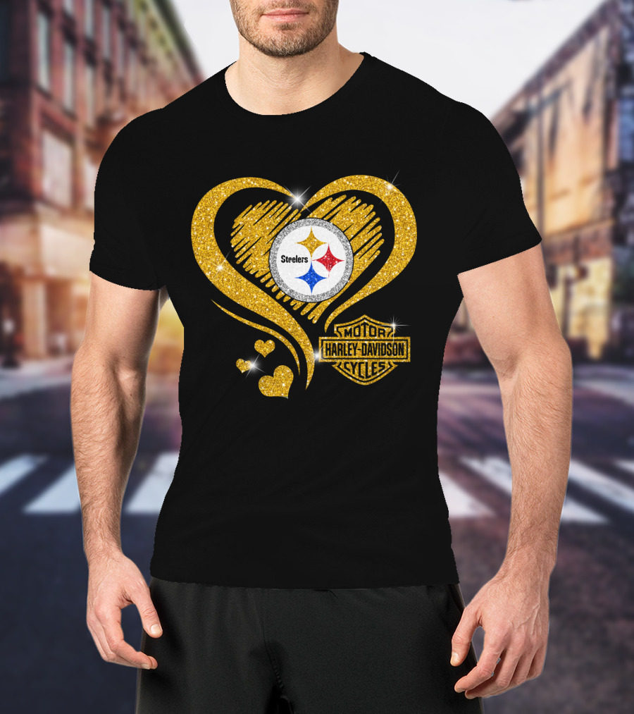 Steelers Heart Gold Motor Harley Davidson Cycles T-Shirt