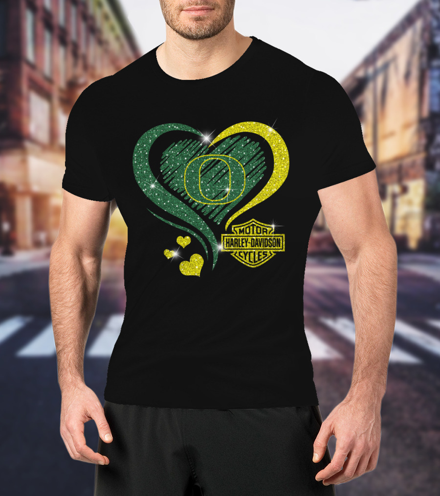 Oregon Ducks Heart Harley Davidson Motorcycles T-Shirt