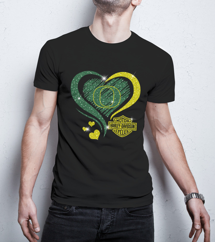 Oregon Ducks Heart Harley Davidson Motorcycles T-Shirt