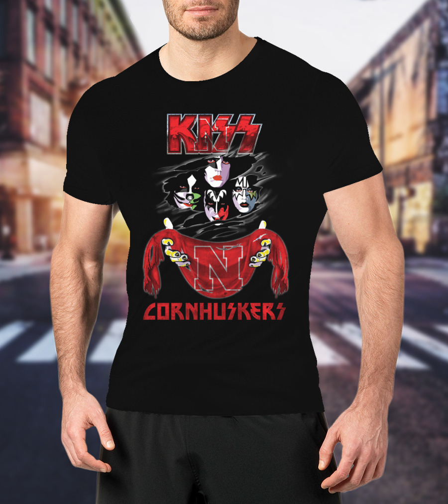 KISS Rock Band Faces With Nebraska Cornhuskers Red Scarf T-Shirt