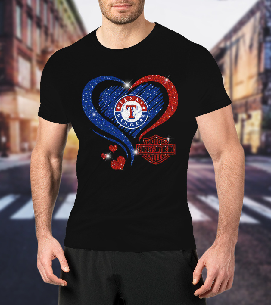 Texas Rangers Harley Davidson Heart Glitter T-Shirt