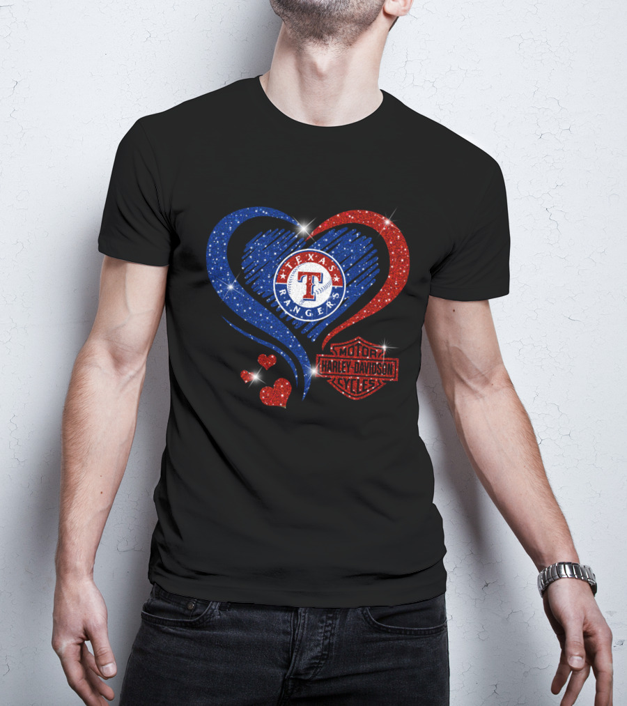 Texas Rangers Harley Davidson Heart Glitter T-Shirt