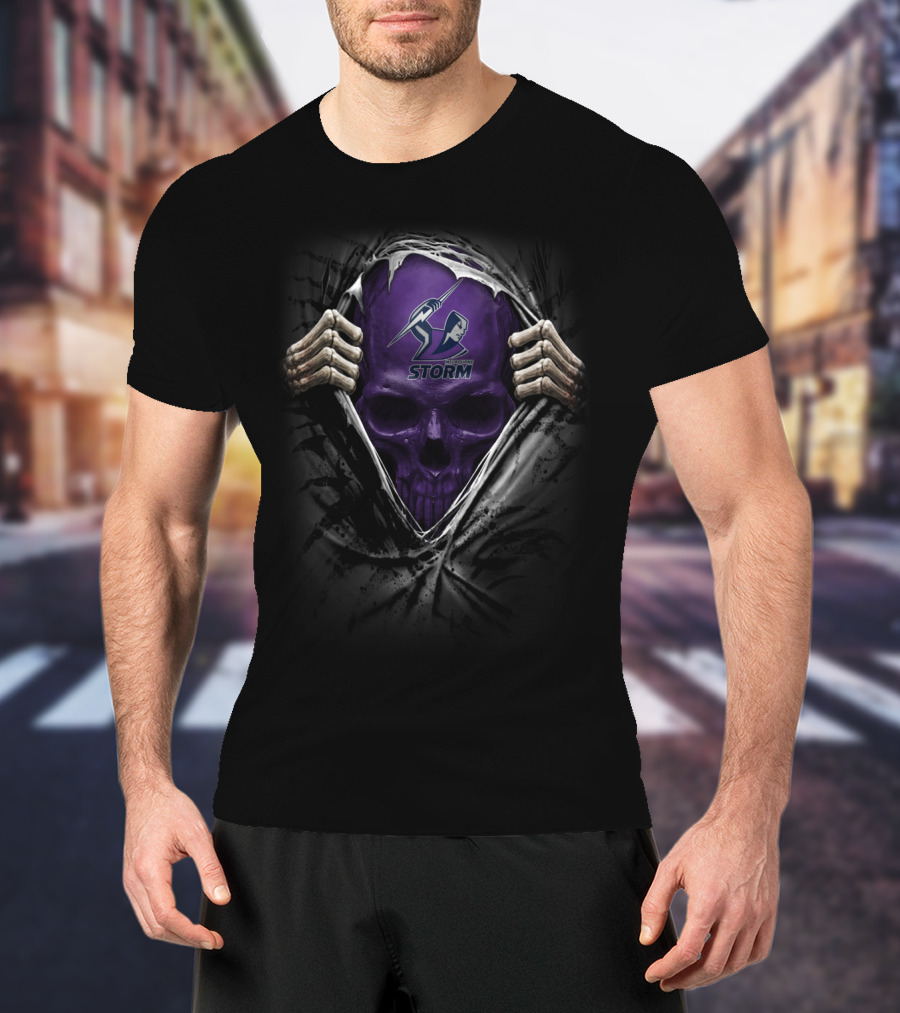 XA NRL Melbourne Storm Skull With Logo And Skeleton Hands T-Shirt