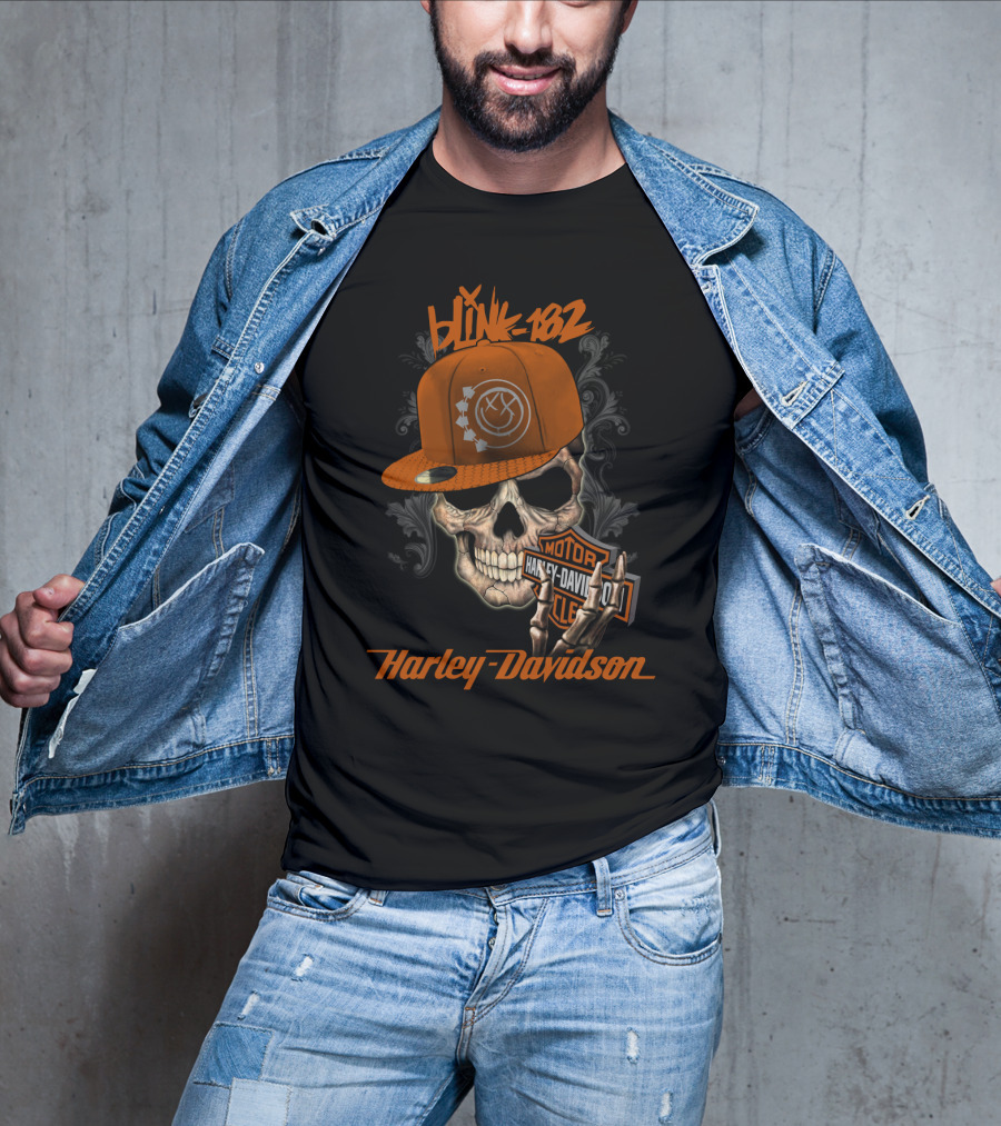 Blink-182 Harley Davidson Skull With Hat And Motor T-Shirt