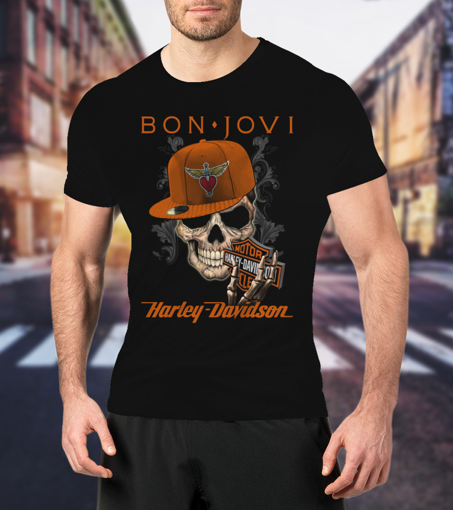 Bon Jovi Harley Davidson Skull With Wings Cap T-Shirt