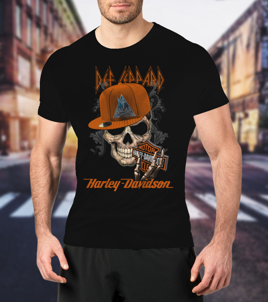 Def Leppard Harley Davidson Skull Cap Motor Cycle T-Shirt