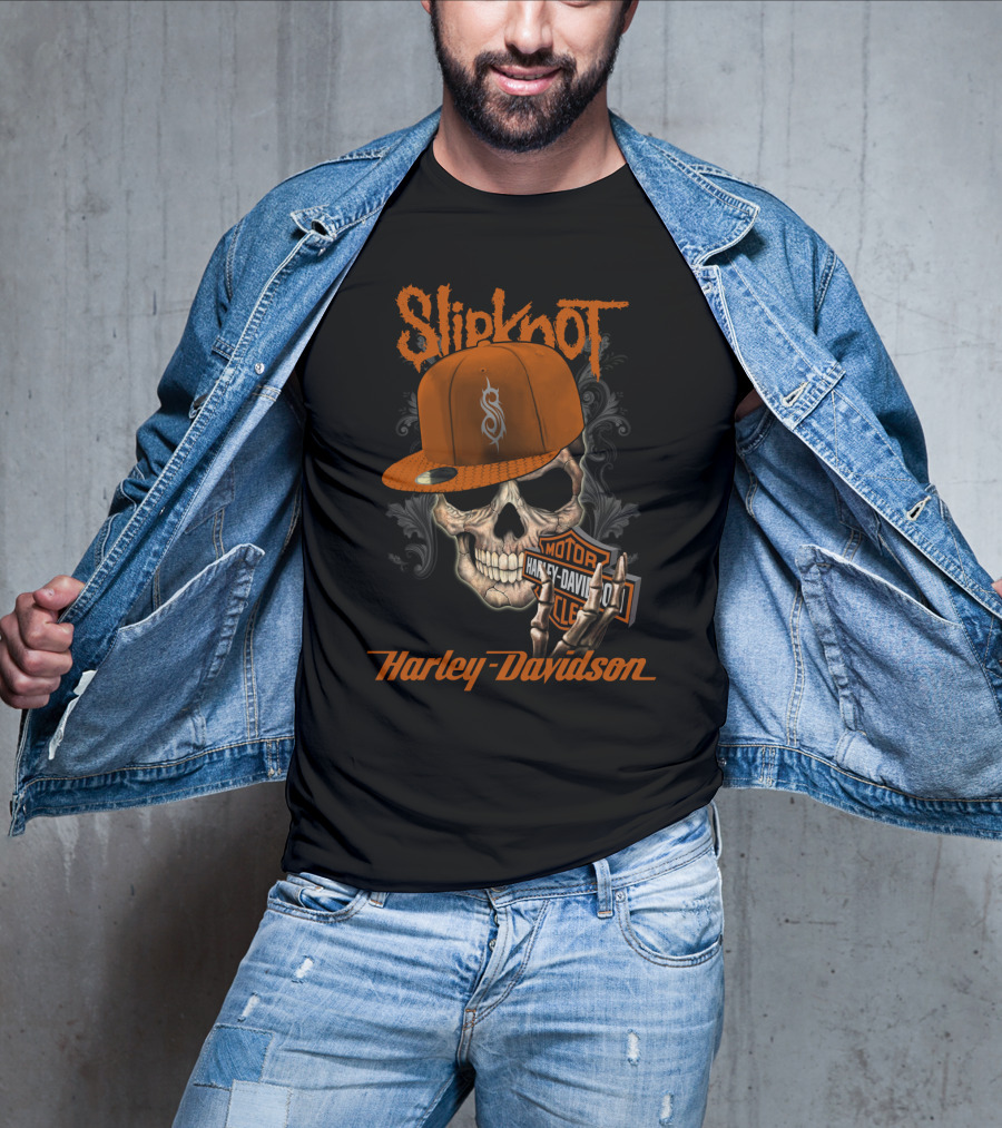 Slipknot Harley Davidson Skull With Orange Cap T-Shirt