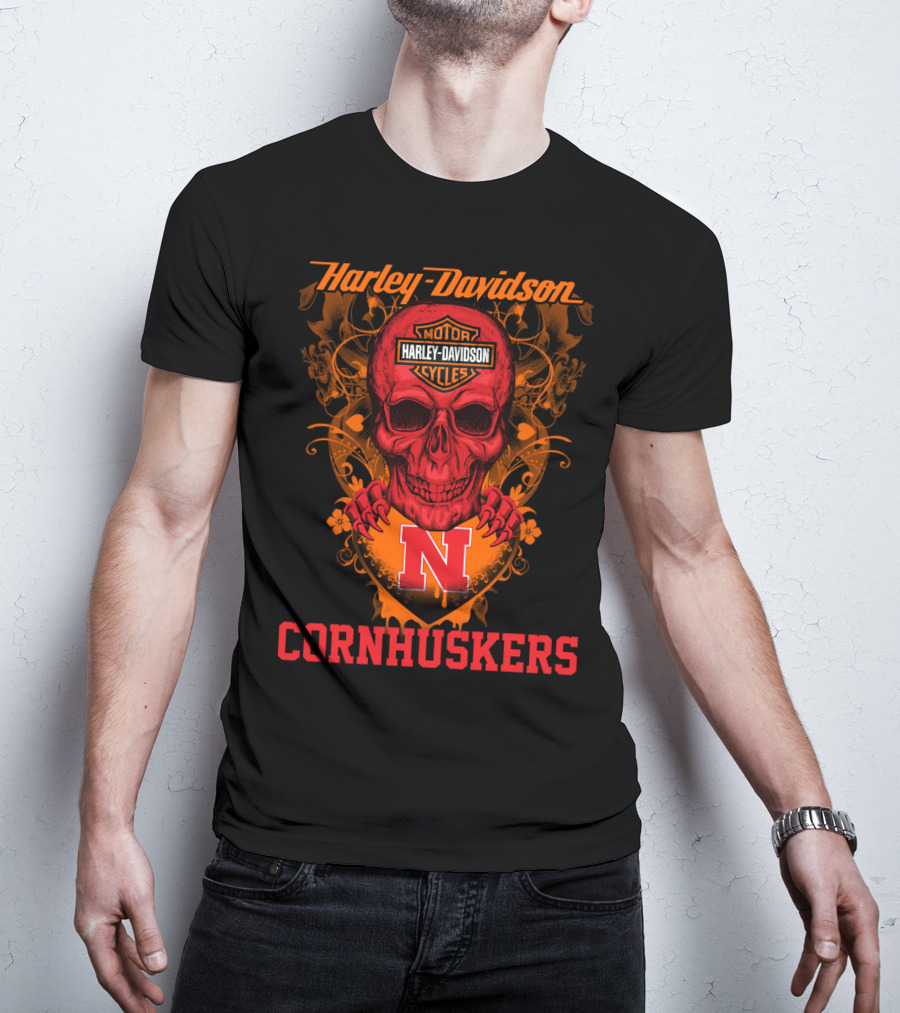 Harley Davidson Motor Cycles Nebraska Cornhuskers Skull T-Shirt